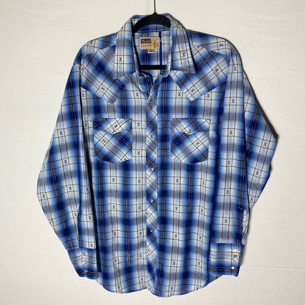 Vintage Medalla Vaquero Blue White Plaid Pearl Snap Long Sleeve Western Shirt L